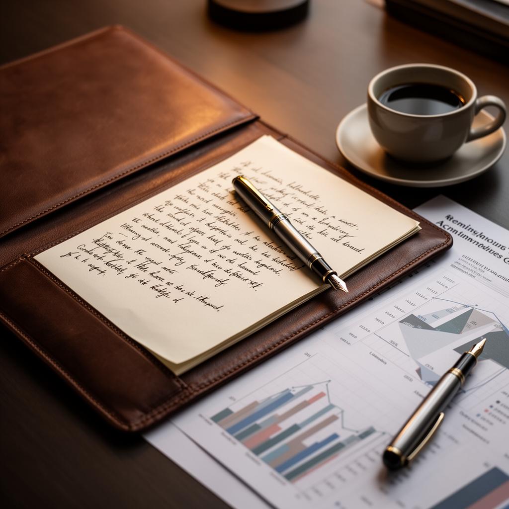 A brass paperweight resting on a polished desk beside a fountain pen